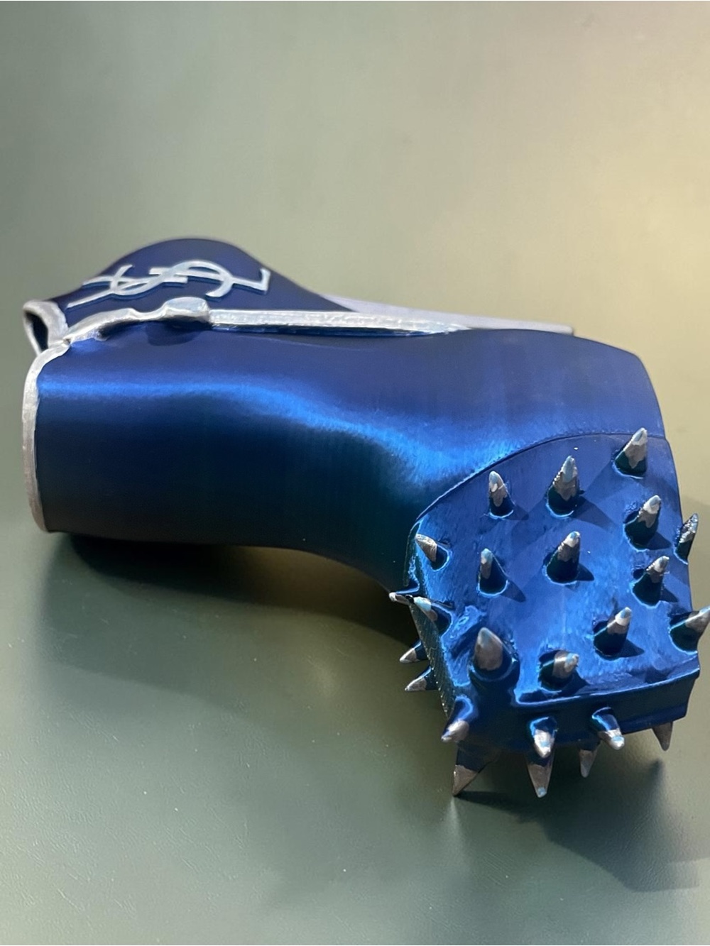 3d Hand Crafted YSL Logo Green & Blue Metallic Silver Spike-Heel Accent Stiletto - Picture 14 of 15